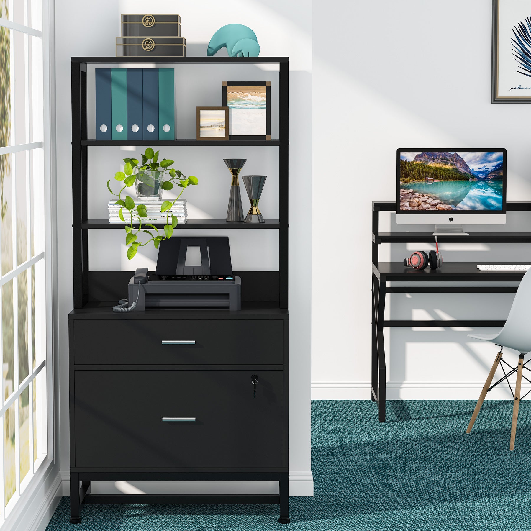 Vertical File Cabinet with 2 Drawers & Bookshelf